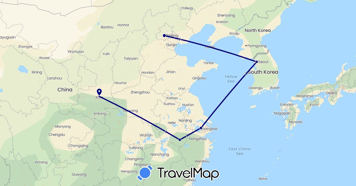 TravelMap itinerary: driving in China, South Korea (Asia)